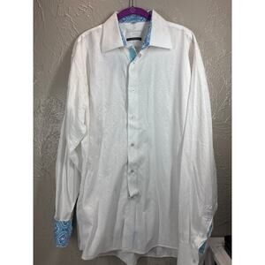 Visconti Uomo Mens White Paisley Flip Cuff Textured 2 Ply Cotton Dress Shirt XL